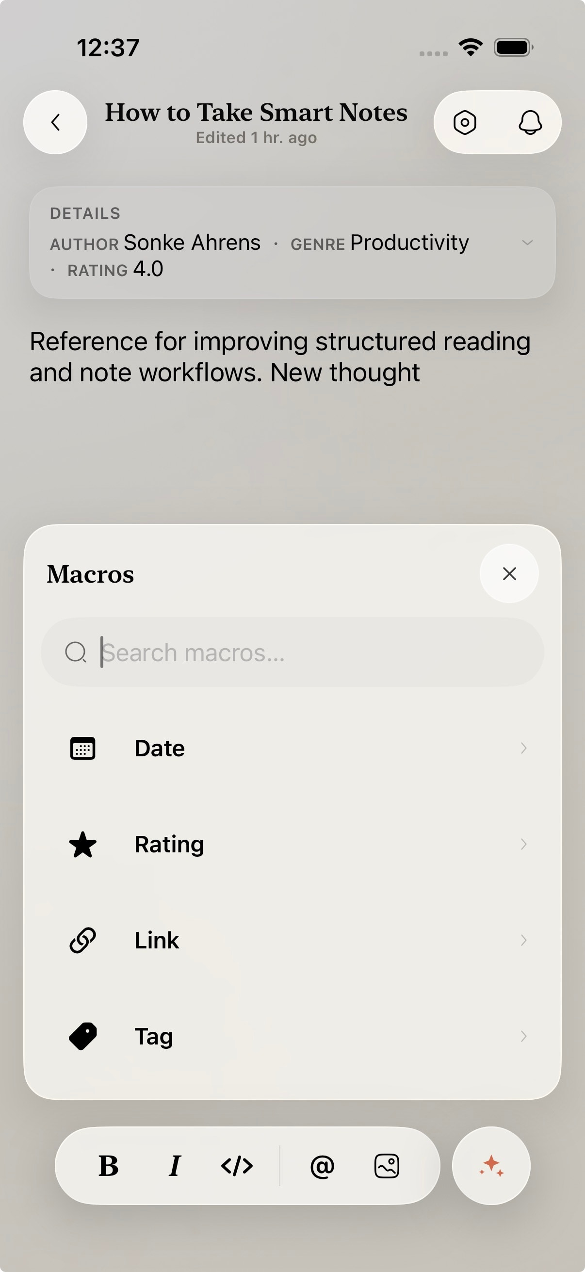 Fold macro sheet showing date, rating, link, and tag options