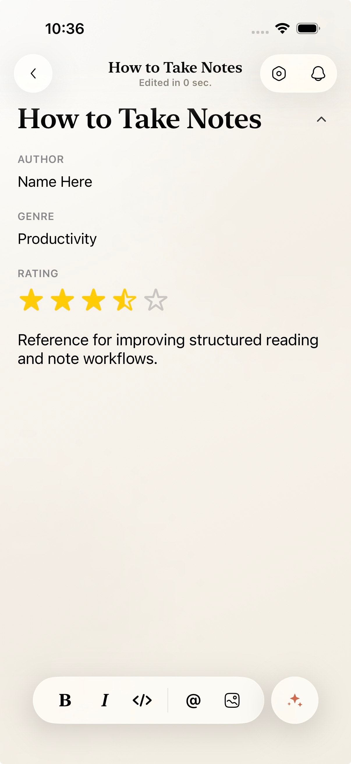 Fold note screen with structured fields and writing canvas
