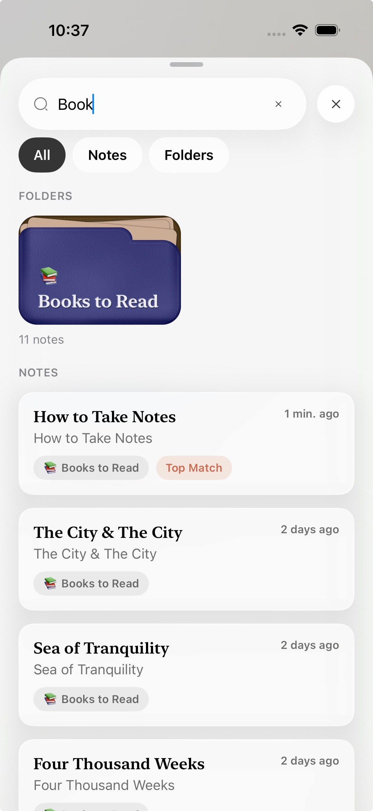 Fold search screen with a filled query and matching results
