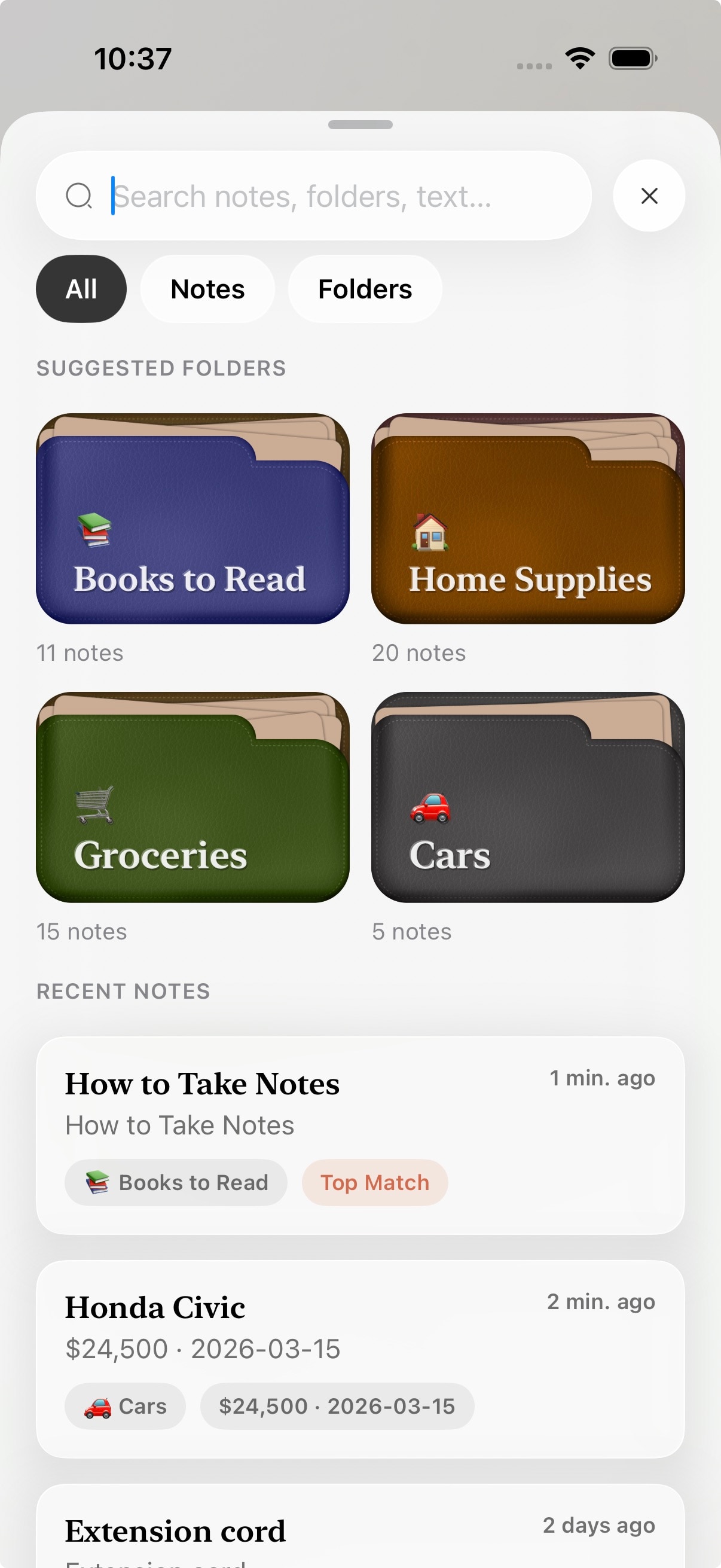 Fold search screen showing contextual note results